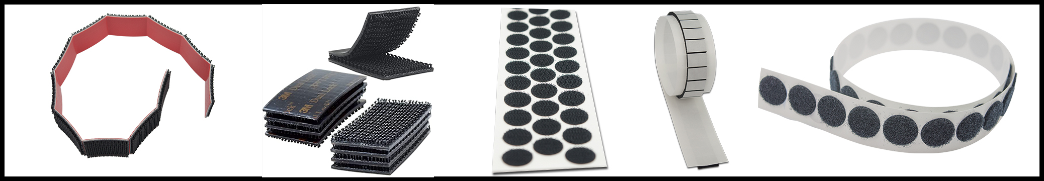 Examples of custom converted hook and loop strips, squares, dots and rolls