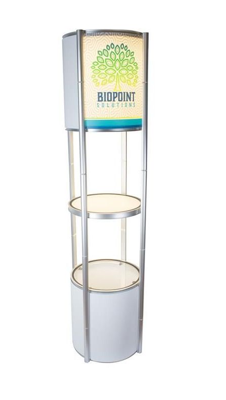Tall collapsible Lockfast kiosk with lights and display shelving
